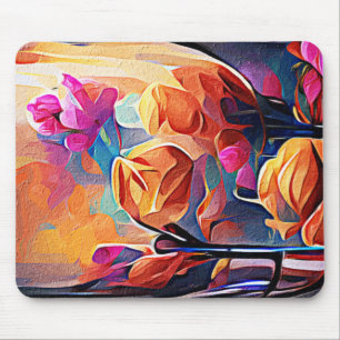 Blommigt Abstrakt Art Orange Red Blåa blommor Musmatta