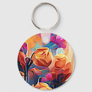 Blommigt Abstrakt Art Orange Red Blåa blommor Nyckelring