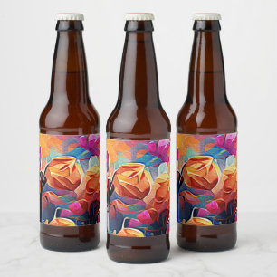 Blommigt Abstrakt Art Orange Red Blåa blommor Ölflaska Etikett