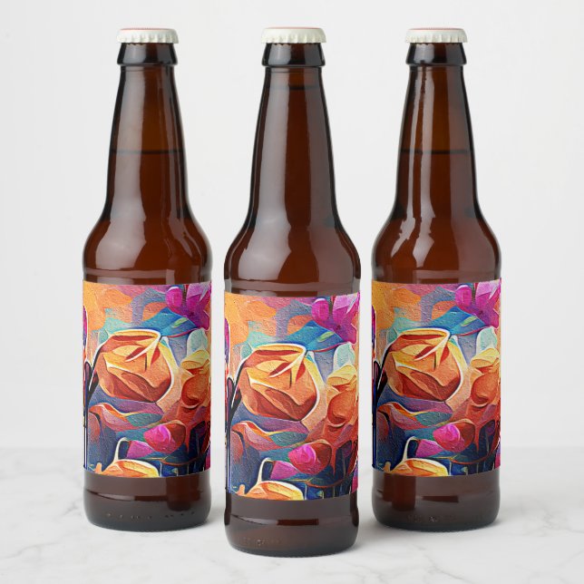 Blommigt Abstrakt Art Orange Red Blåa blommor Ölflaska Etikett (Flaskor)