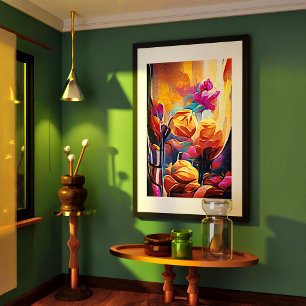Blommigt Abstrakt Art Orange Red Blåa blommor Poster