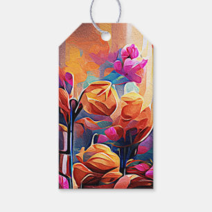 Blommigt Abstrakt Art Orange Red Blåa blommor Presentetikett