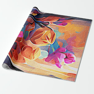 Blommigt Abstrakt Art Orange Red Blåa blommor Presentpapper