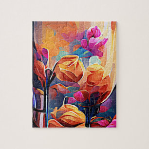 Blommigt Abstrakt Art Orange Red Blåa blommor Pussel