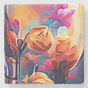 Blommigt Abstrakt Art Orange Red Blåa blommor Stenunderlägg