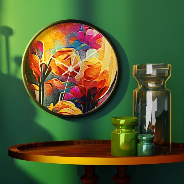 Blommigt Abstrakt Art Orange Red Blåa blommor Stor Klocka (Floral Abstract Art Orange Red Blue Flowers Clock)
