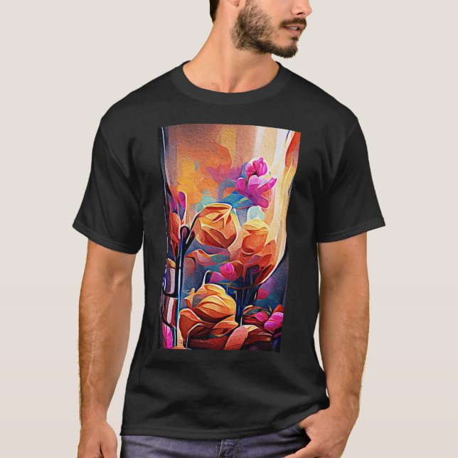 Blommigt Abstrakt Art Orange Red Blåa blommor T Shirt (Framsida)