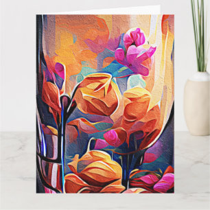Blommigt Abstrakt Art Orange Red Blåa blommor Tack Kort
