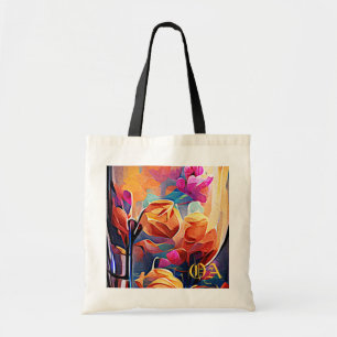 Blommigt Abstrakt Art Orange Red Blåa blommor Tygkasse