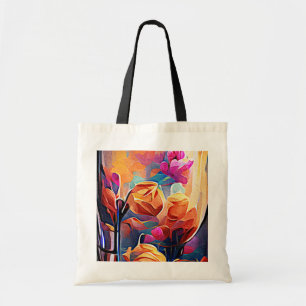 Blommigt Abstrakt Art Orange Red Blåa blommor Tygkasse