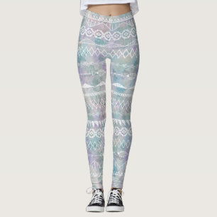Blommigt Abstrakt Aztec Tribal Lila Blue Mönster Leggings