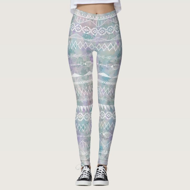 Blommigt Abstrakt Aztec Tribal Lila Blue Mönster Leggings (Framsida)