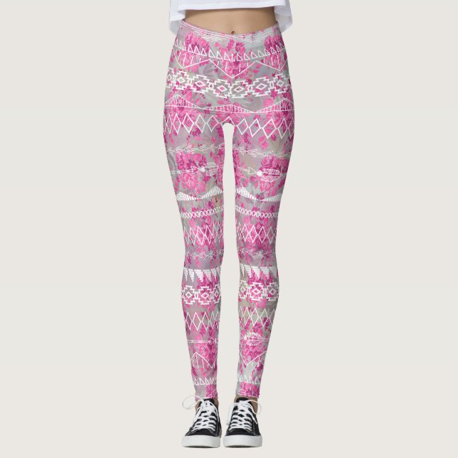 Blommigt Abstrakt Aztec Tribal Lila Rosa Mönster Leggings (Framsida)