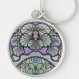Blommigt abstrakt lila pansy mosaic mönster rund silverfärgad nyckelring