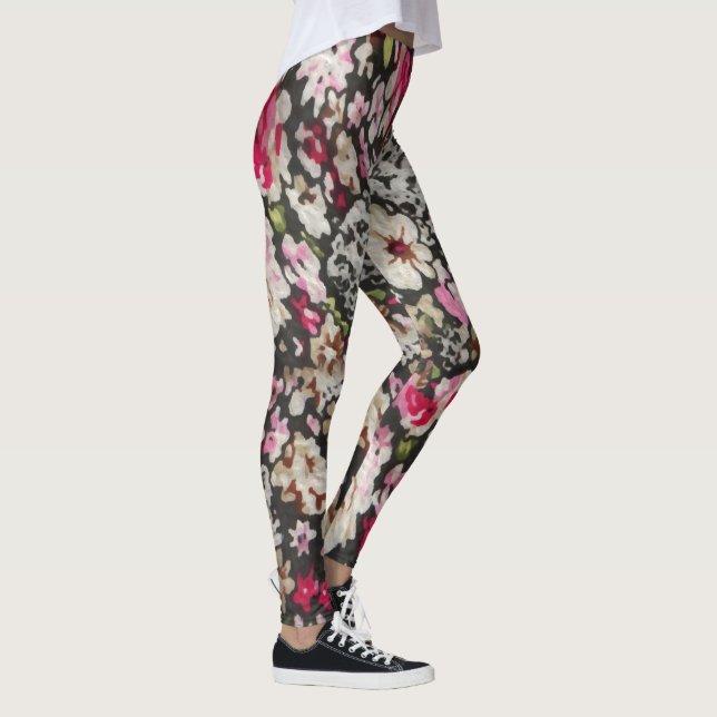 Blommigt Abstrakt, svart och Rosa Mönster Design Leggings (Höger)