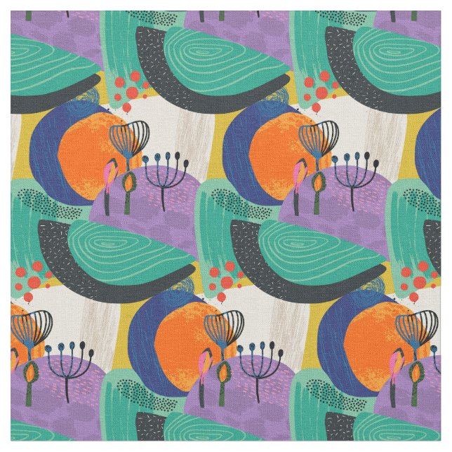 Blommigt Abstrakt Teal Lila Mönster Tyg (Närbild)