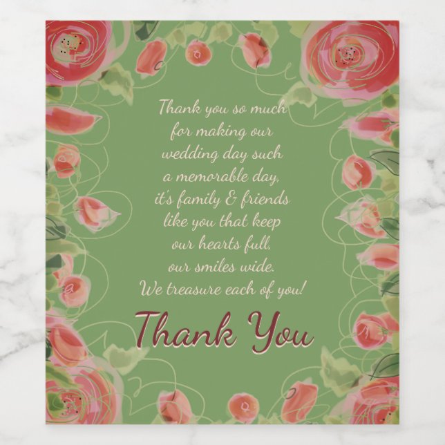 Blommigt Accented Grönt och Burgundy Vinflaska Etikett (Singel etikett)