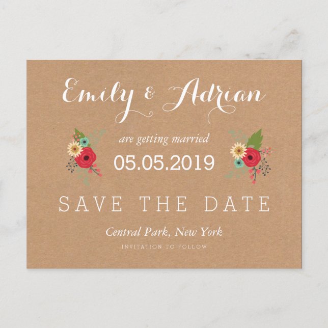 Blommigt accents Kraft Save the Date Postcards Meddelande Vykort (Framsida)