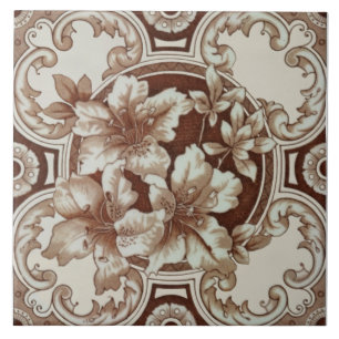 Blommigt Aesthetic Victorian Brown Beige Cream Rep Kakelplatta