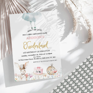 Blommigt Alice i Onederland 1:a födelsedag Inbjudningar