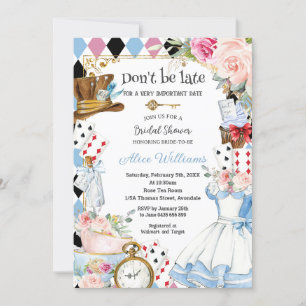 Blommigt Alice i Wonderland Möhippa Tea Party Inbjudningar