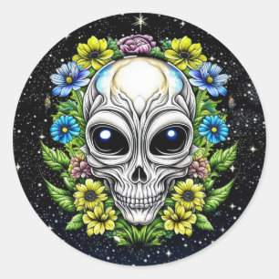 Blommigt Alien Skull Extraterrestrial AI Art Runt Klistermärke