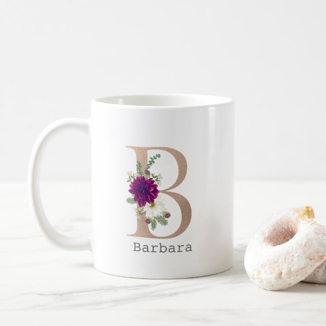 Blommigt Alphabet, anpassat namn brev "B" Kaffemugg (Med munk)