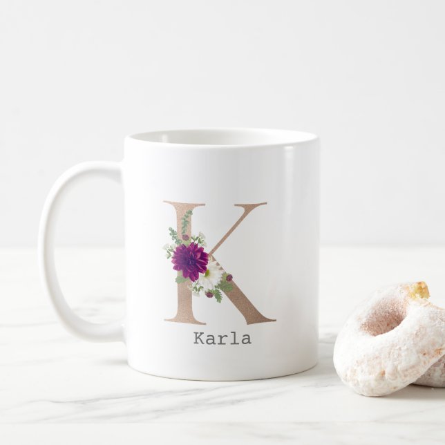Blommigt Alphabet-eget namn brev "K" Kaffemugg (Med munk)