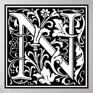 Blommigt Alphabet Monogram Brev N Poster