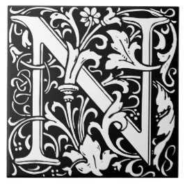 Blommigt Alphabet Monogram Brev N Tile Kakelplatta
