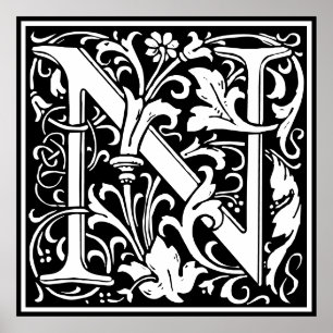 Blommigt Alphabet Monogram Brev N Tile Morris Poster