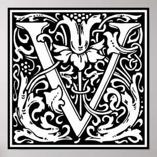 Blommigt Alphabet Monogram Brev V Poster