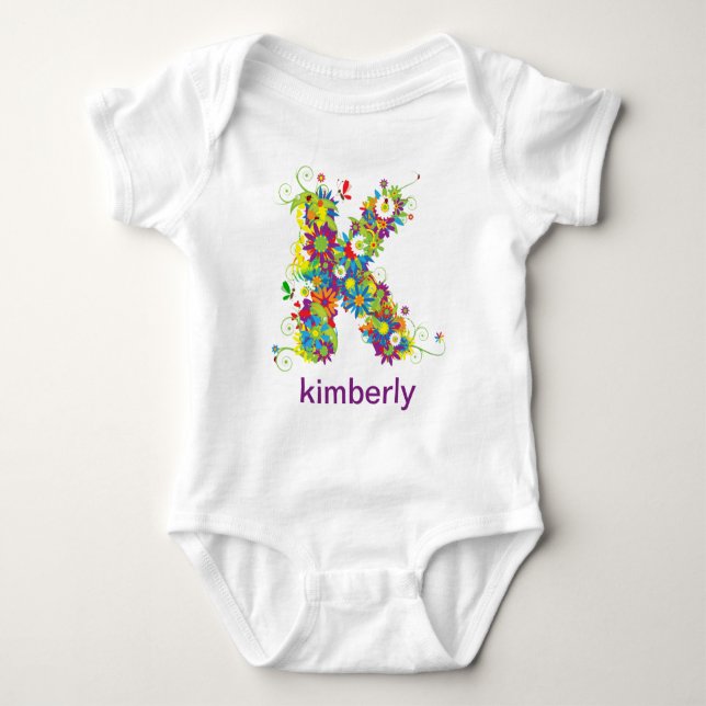 Blommigt Alphabet Namn Baby Tee (Monogram K) Shirt (Framsida)