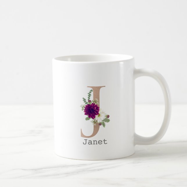 Blommigt Alphabet-tullnamnet brev ’J’Coffee Mugg (Höger)