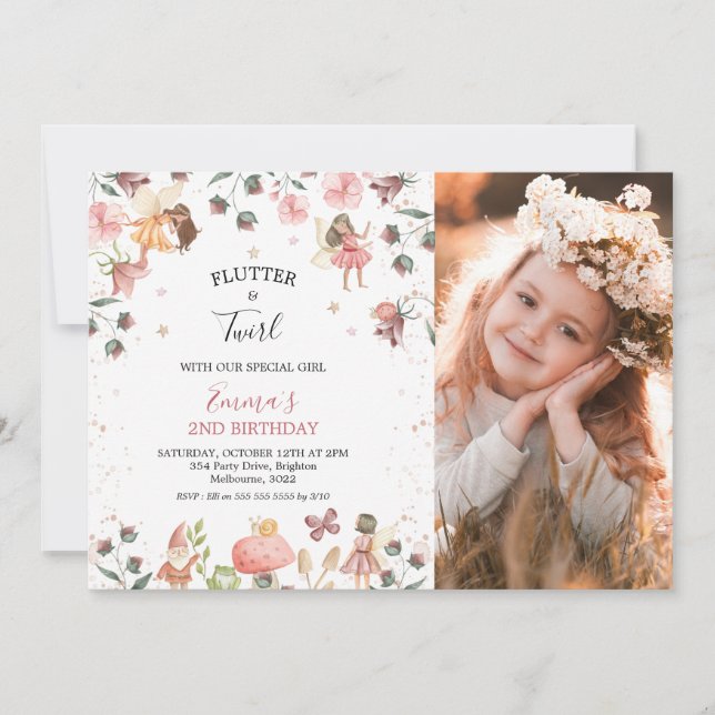 Blommigt Älvors Girls Photo Födelsedagsfest Inbjudningar (Framsida)