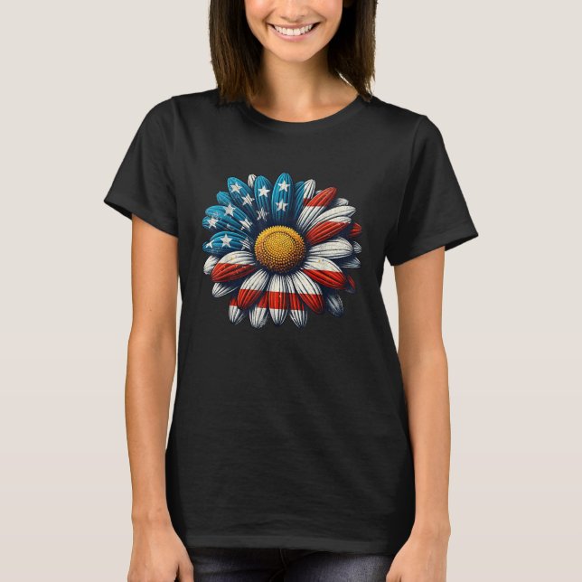 Blommigt American Flagga Daisy 4 juli Patriotic T Shirt (Framsida)