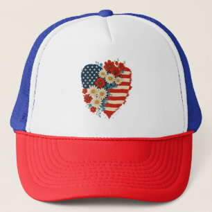 Blommigt American Flagga Heart 4:e juli USA Keps