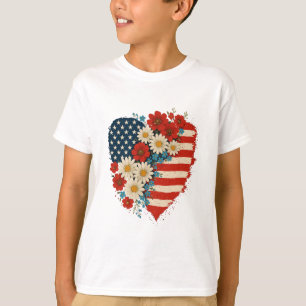Blommigt American Flagga Heart 4:e juli USA T Shirt