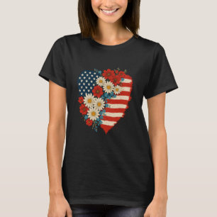 Blommigt American Flagga Heart 4:e juli USA T Shirt