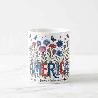 Blommigt Amerika 4:e juli Patriotic Typography Kaffemugg