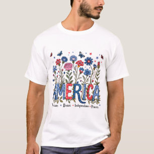 Blommigt Amerika 4:e juli Patriotic Typography T Shirt