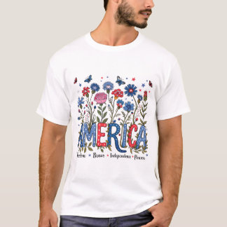 Blommigt Amerika 4:e juli Patriotic Typography T Shirt