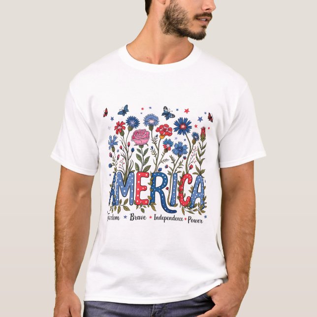 Blommigt Amerika 4:e juli Patriotic Typography T Shirt (Framsida)