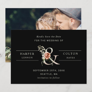 Blommigt Ampersand Elegant bröllop Black Photo Spara Datumet