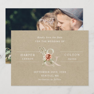 Blommigt Ampersand Rustic Kraft Bröllop Photo Spara Datumet