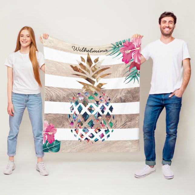 Blommigt Ananas guld stripe Fleecefilt (På plats)