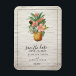 Blommigt Ananasbrant Bröllop spara datum Magnet<br><div class="desc">Ett bröllop spara datum med en bild av ananas med blommor över en vit tegelbakgrund.</div>