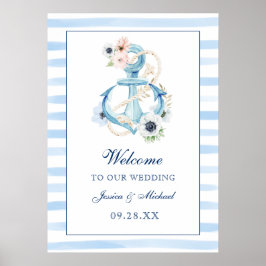 Blommigt Anchor Blue Rand Beach Wedding Välkommen Poster