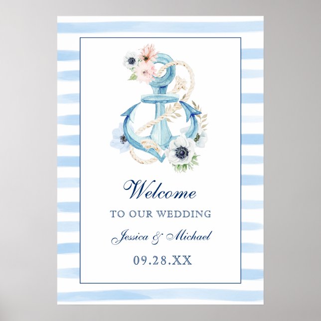 Blommigt Anchor Blue Rand Beach Wedding Välkommen Poster (Framsidan)