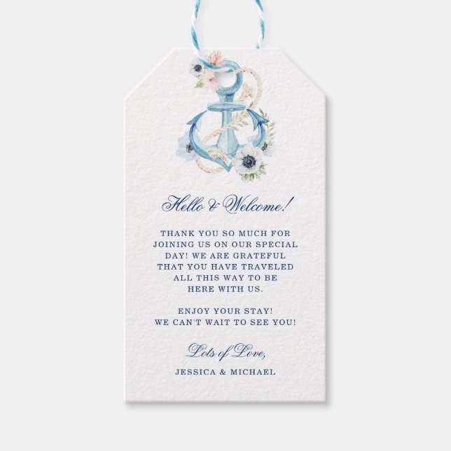 Blommigt Anchor Blue Rand Beach Wedding Välkommen Presentetikett (Framsidan)